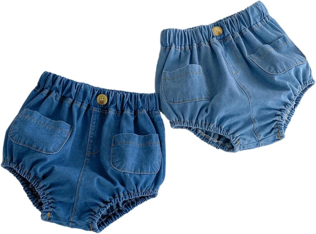 Colorful Childhood Toddler Denim Bloomers Shorts Baby Girls Boys Two Front Pockets Loose Harem Shorts 2pcs Light/ Dark Blue, Size 2-3T