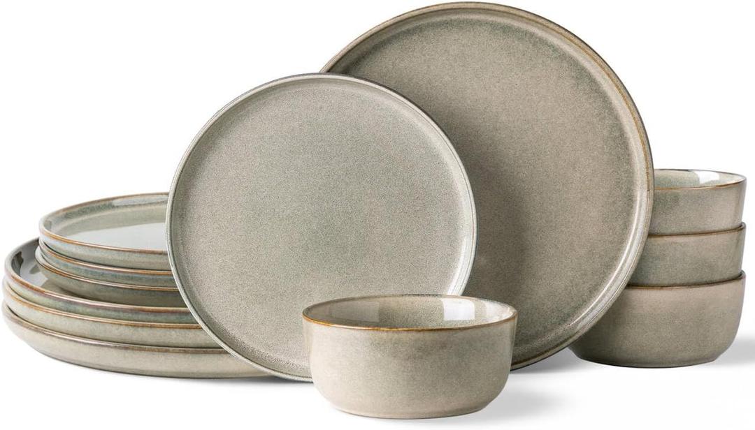 AmorArc Stoneware Dinnerware Sets for 4,Round Reactive Glaze Ceramics Plates and Bowls Set,Highly Scratch Resistant Dishware | Dishwasher & Microwave Safe Dishes Set, Service for 4 (12pc)