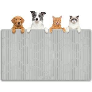 Silicone Cat & Dog Food Mat, 40" x 22" Extra Large Pet Feeding Mat for Cats and Dogs Bowl, Pet Placemat for Food and Water with Raised Edge, Waterproof, Leakproof (Grey)