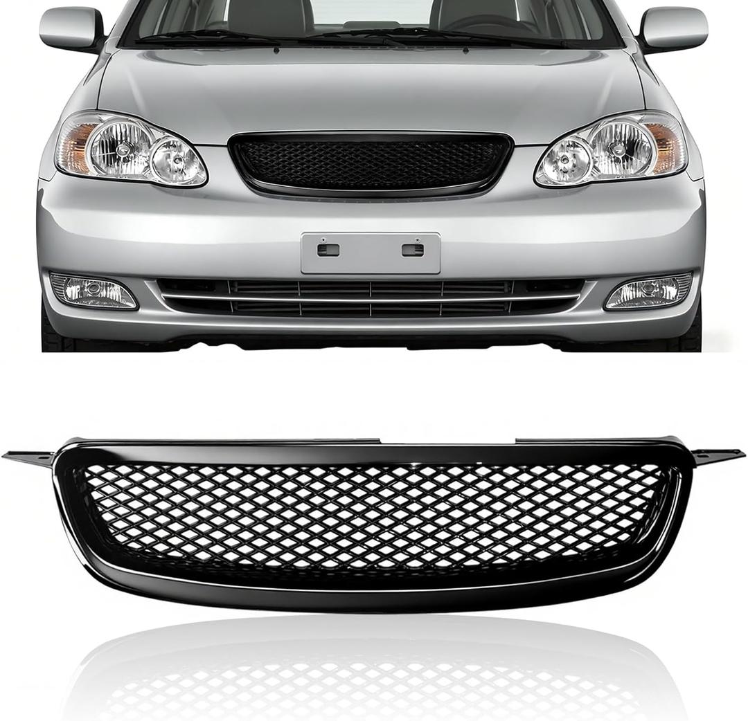 Glossy Black Front Grille Compatible with 2003-2008 Toyota Corolla CE LE XRS 4-Door Hood Mesh Grille, Upgraded Version ABS Plastic Front Bumper Grill, Direct Replacement