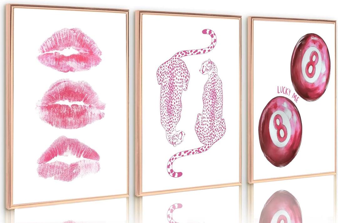 3Pcs Trendy Pink Leopard Canvas Wall Art Funky Retro Fashion Cheetah Kiss Lips Lucky 8 Ball Aesthetic Painting Pictures Wall Decor Poster Prints Artwork for Girls Dorm Living Room Bedroom Unframed