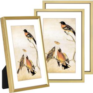 BKABOT 4x6 Picture Frame Set of 3, Brass Metal Photo Frames with HD Glass, Fits 3x5 with Mat or 4x6 without Mat, Wall Hanging and Table Display