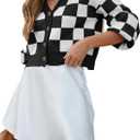 Dokotoo Womens Checkered V Neck Button Down Long Sleeve Cable Knit Cropped Cardigan Sweaters Tops (L)