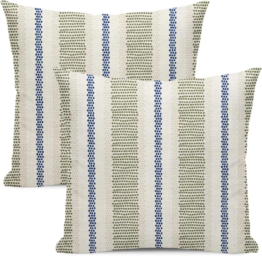Blue Sage Green Pillow Covers 18x18 Set of 2 Boho Outdoor Striped Throw Pillow Covers Abstract Modern Geometry Decorative Pillowcase Farmhouse Linen Cushion Case Decorations for Sofa Couch