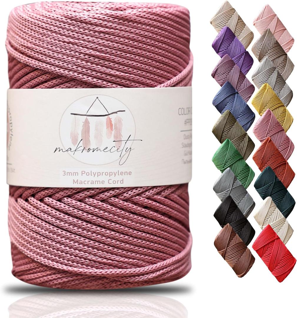 Makromecity, Premium Polyester Macrame Cord 3mm x 131 Yards (394 feet) 3mm Polypropylene Dusty Rose Macrame Cord Crochet Macrame Bag Cord Crafts for Wall Hangings, Bags, Underplate, Rug