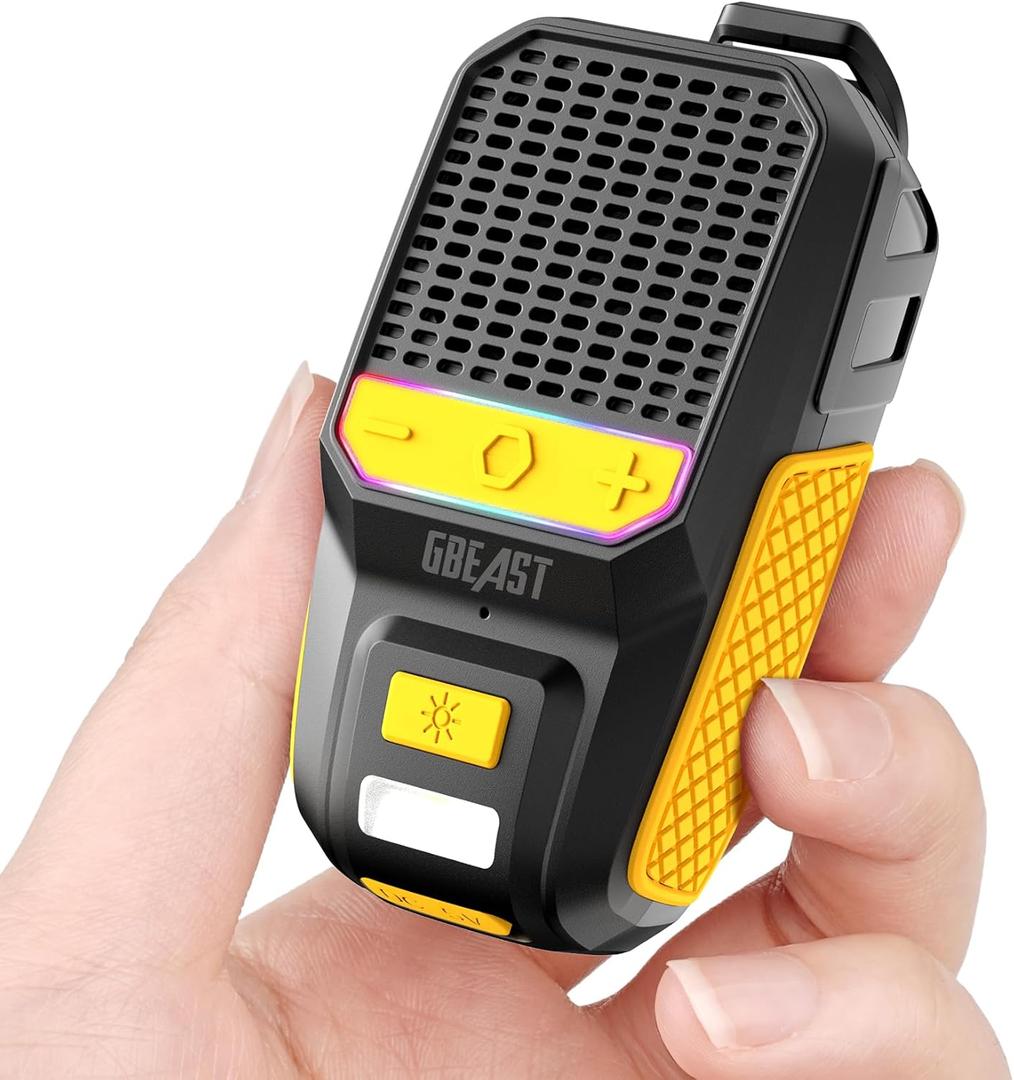 GBEAST Wearable Bluetooth Speaker, Clip-On Mini Portable Speakers All Day Playtime Waterproof Built-in Mic for Hands-Free Music/Calls Bluetooth Speaker with RGB/Flashlight for Jobsite/Outdoor/Golf (Yellow)