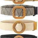 WILLBOND 4 Pcs Women's Elastic Raffia Woven Belt, Boho Rattan Buckle Stretch Straw Wide Waist Belt for Dresses Jeans Pants