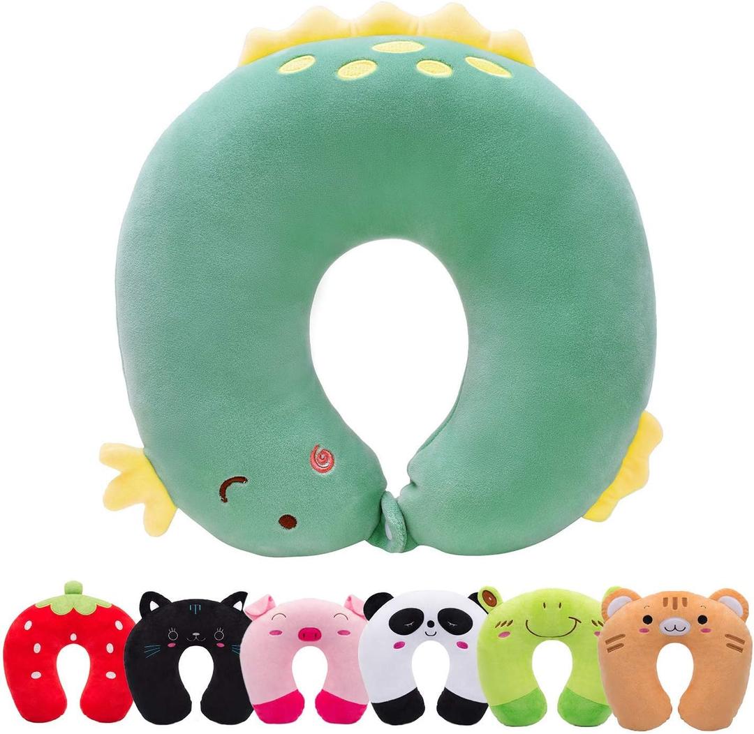 H HOMEWINS Travel Pillow for Kids,Cute Animal Toddler Neck Pillow for Boys Girls,Soft Neck Head Chin Support Pillow,Travel Accessories for Airplane, Car, Train,Recline (Green Dinosaur)
