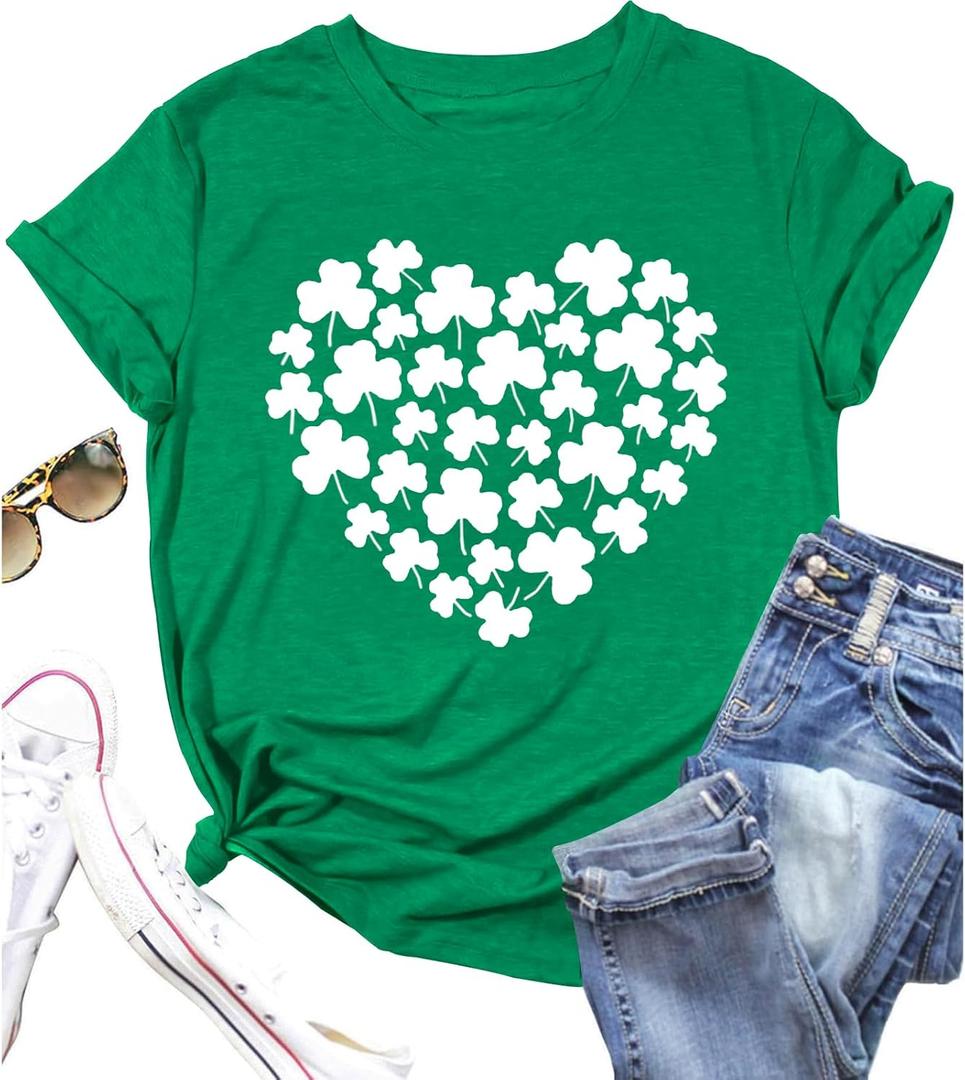 St Patrick's Day Shirts for Women Lucky Irish Shamrock Paddy's Shirt Cute Shamrock Graphic Short Sleeve Tees Tops 2025 (X-Large, Green-01)