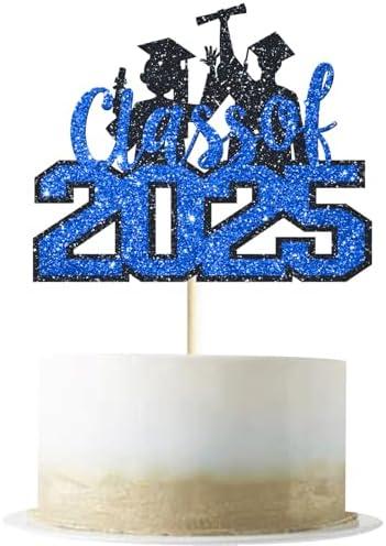 Class of 2025 Cake Topper, Blue Glitter Congrats Grad Cake Topper, Diploma Graduation Cap Cake Topper, 2025 Graduation Theme Senior High School Graduation Party Cake Supplies Decorations, 2pack