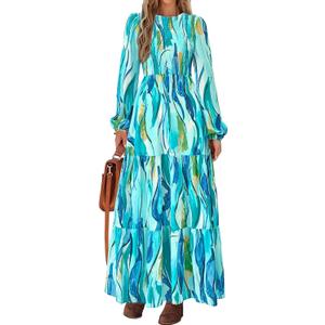 PRETTYGARDEN Womens Dresses 2026 Puff Sleeve Floral Casual Spring Dresses Smocked Backless Beach Flowy Tiered Maxi Dress (Blue Green, Medium)