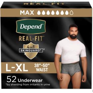 Depend Real Fit Adult Diapers, Incontinence Underwear for Men, Disposable, Maximum Absorbency, Large/Extra Large, 52 Count (2 Packs of 26), Packaging May Vary Depend Real Fit Adult Diapers, Incontinence Underwear for Men, Disposable, Maximum Absorbency, Large/Extra Large, 52 Count (2 Packs of 26), Packaging May Vary