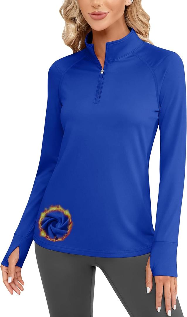 Cavva Women's Thermal Shirts Fleece Zip Up V Neck Running Long Sleeve Shirts Workout Tops with Thumbhole Color Blue, S