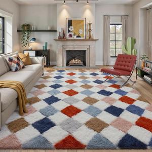 8x10 Checkered Rug for Living Room Rainbow Soft Fluffy Shag Area Rug Bedroom Modern Plush High Pile Non Slip Fuzzy Carpet for Aesthetic Home Decor