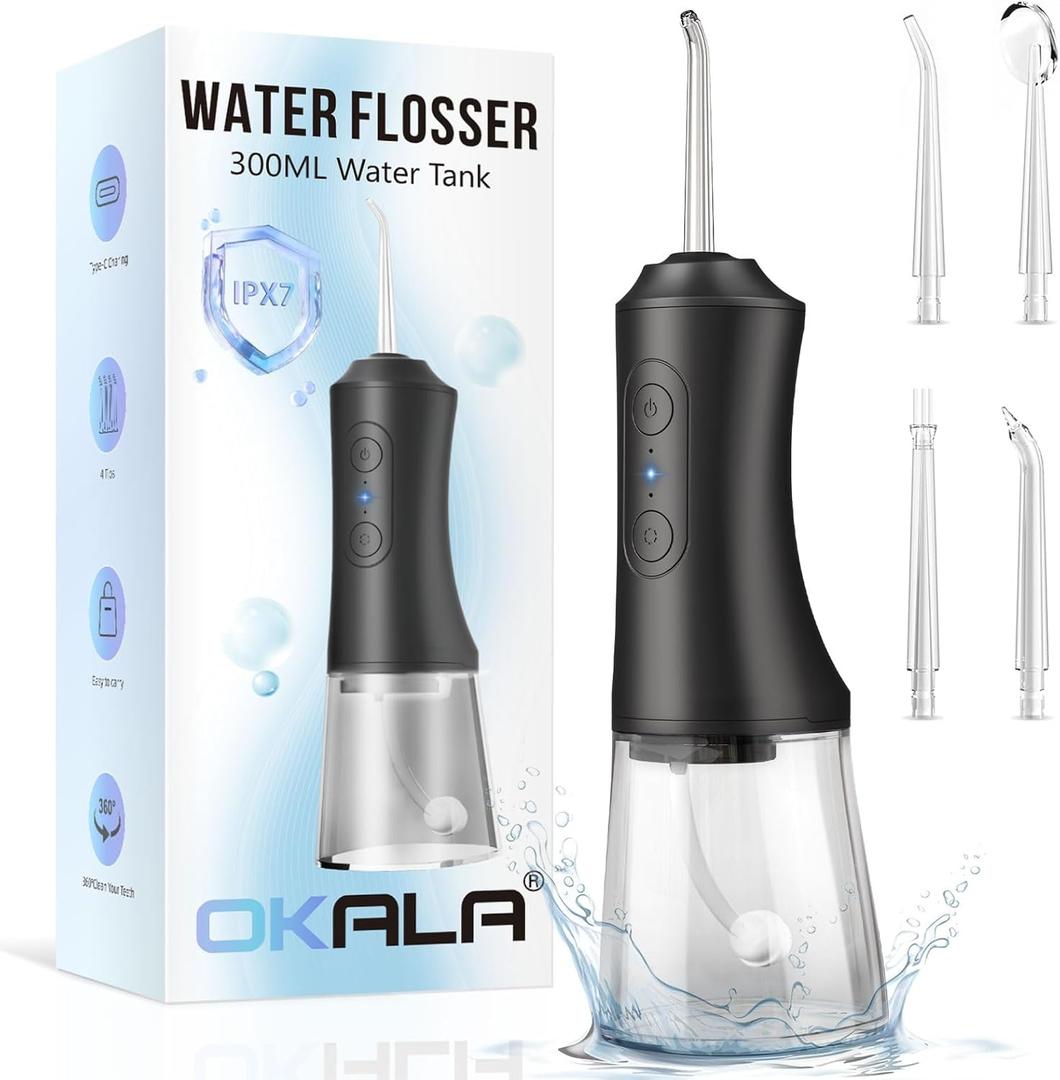 Water Dental Flosser - Portable Cordless Oral Irrigator 300ML, Rechargeable IPX7 Waterproof Irrigation Cleaner for Teeth Cleaning & Flossing, Travel & Home Use (Pure Black)