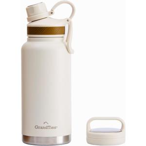 GRANDTIES 2 Lids Sports Stainless Steel Water Bottles  Wide Mouth Vacuum Insulated Reusable Leak Proof BPA-Free Travel Metal Canteen, Thermos Bottles for Men Women Gym (Ivory White 32 oz)