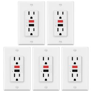 5 Pack GFCI Outlets 15 Amp, Non-Tamper Resistant, Decor GFI Receptacles with LED Indicator, Ground Fault Circuit Interrupter, Wallplate Included, ETL Listed, Red/Black Button