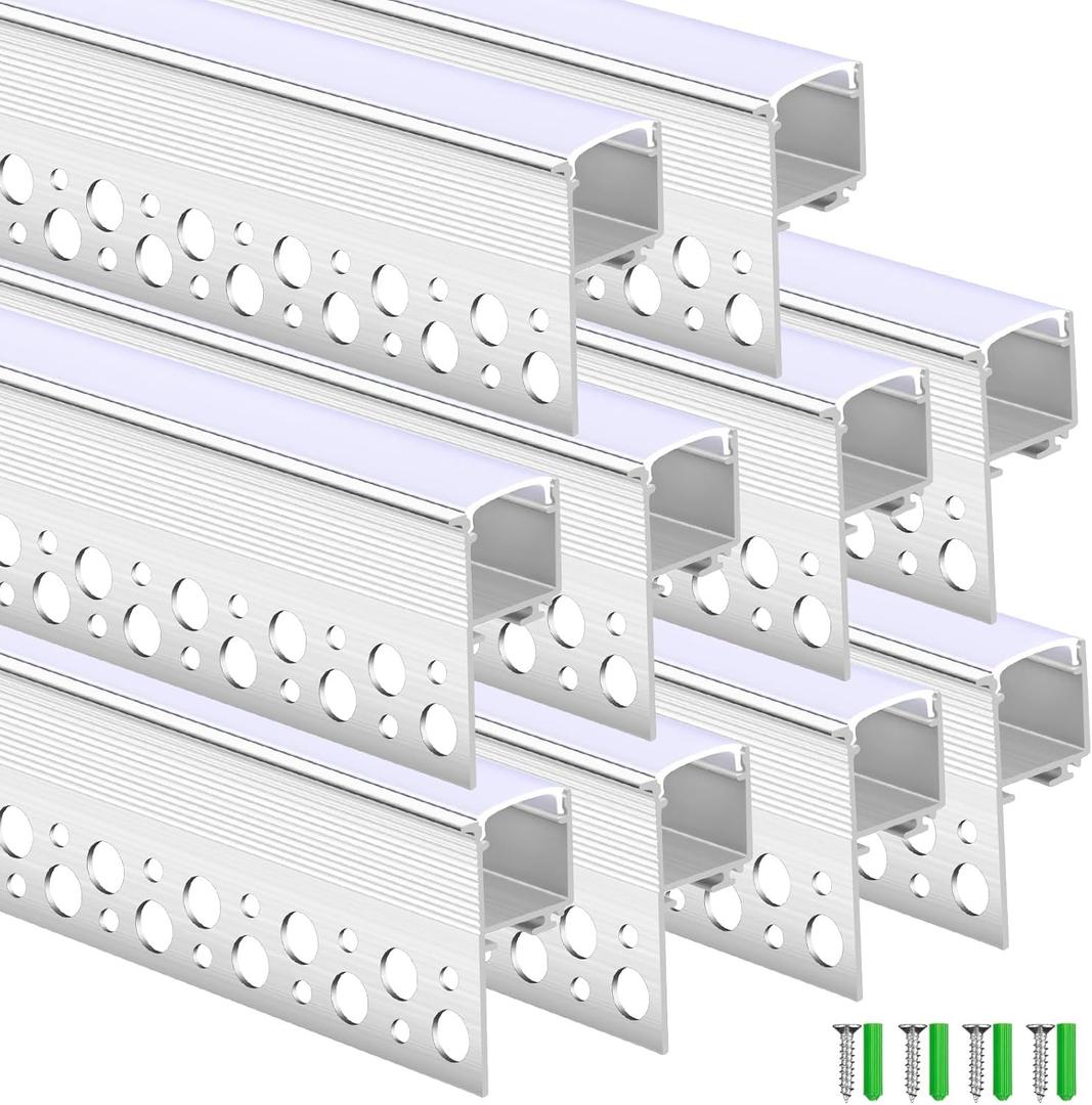 10 Pack 6.6ft/2Meter Plaster-in LED Channel, Trimless Recessed Drywall LED Aluminum Channel with Single Flange Diffuser for Wider Strip Wall Ceiling Baseboard