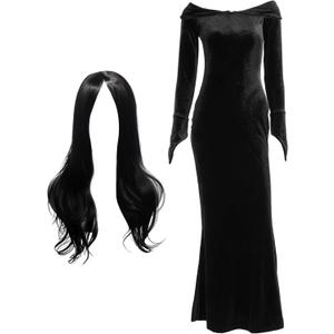 Sureio Morticia Addam Costume Women Dress Halloween Witch Costume V Neck Long Sleeve Bodycon Dress Black Wig Addam Cosplay (Medium)