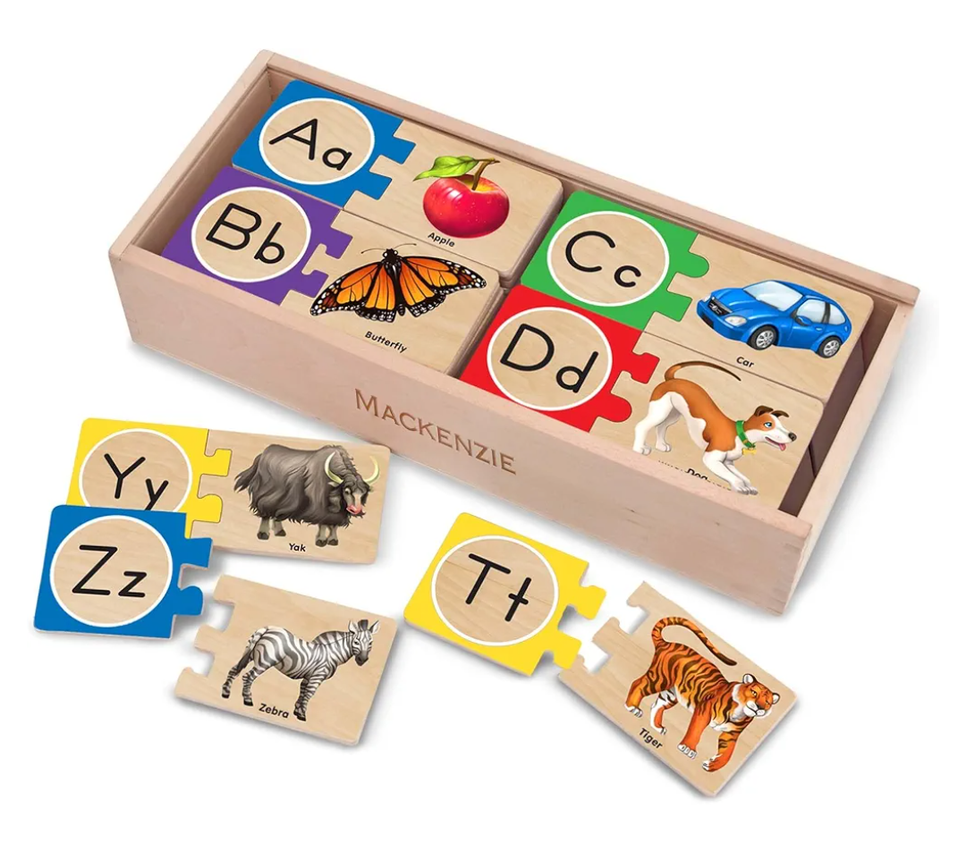 Melissa & Doug Self-Correcting Alphabet Puzzle (52 pcs) with Toy Storage Box, Wooden ABC Puzzles for Toddlers & Preschoolers, Montessori Learning Toys for Girls & Boys 4+
