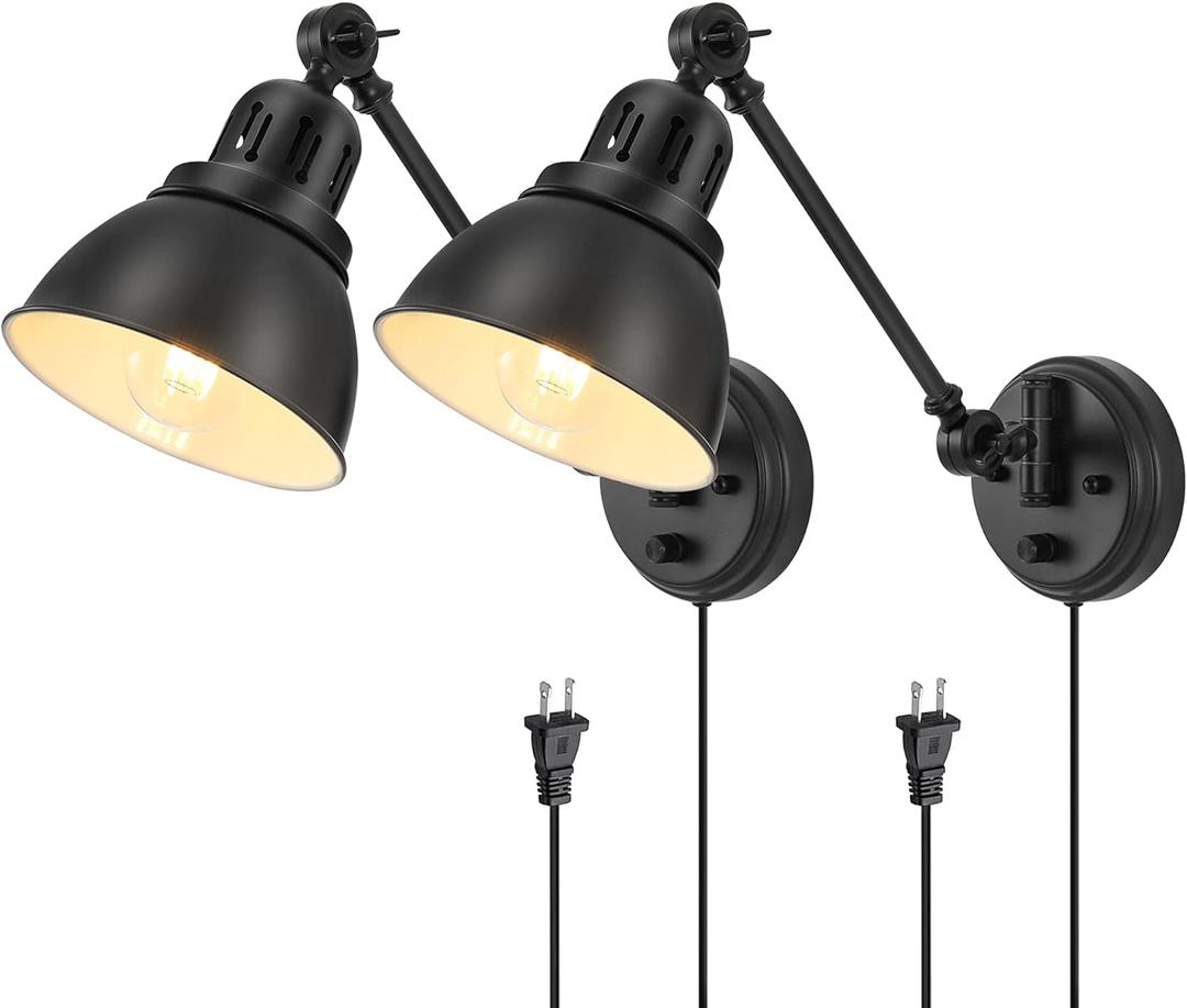 GOODATE Plug in Wall Sconces Set of 2, ENCOMLI Wall Sconce Lighting with Dimmable On Off Switch, Swing Arm Wall Lamp, Black Metal Industrial Wall Light Fixtures, Safety E26 Base, 6FT Plug in Cord