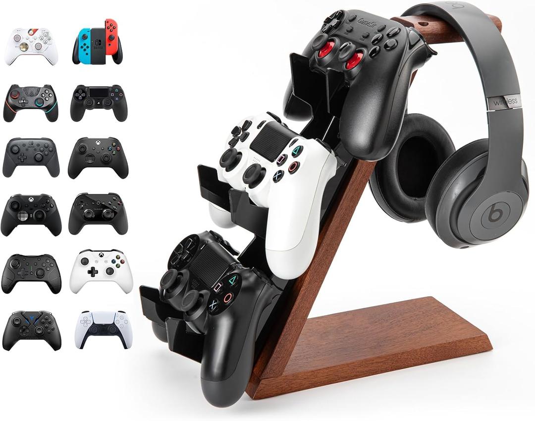3 Tier Wood Controller Stand Compatible with PS4 PS5 ONE Switch,ps5 Controller Holder Headset pc Gaming Accessories,Video Game Controller Holder for Desk(Brown Wood)