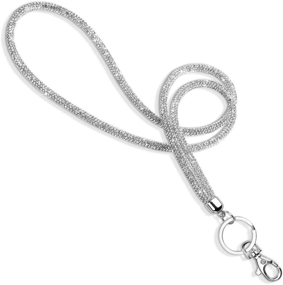 Soleebee Rhinestone Office Lanyard, 31.5'' Bling Neck Lanyard with Metal Clasp & Keyring, Crystal Lanyard for Women, ID Card, Keys Strap (Silver)