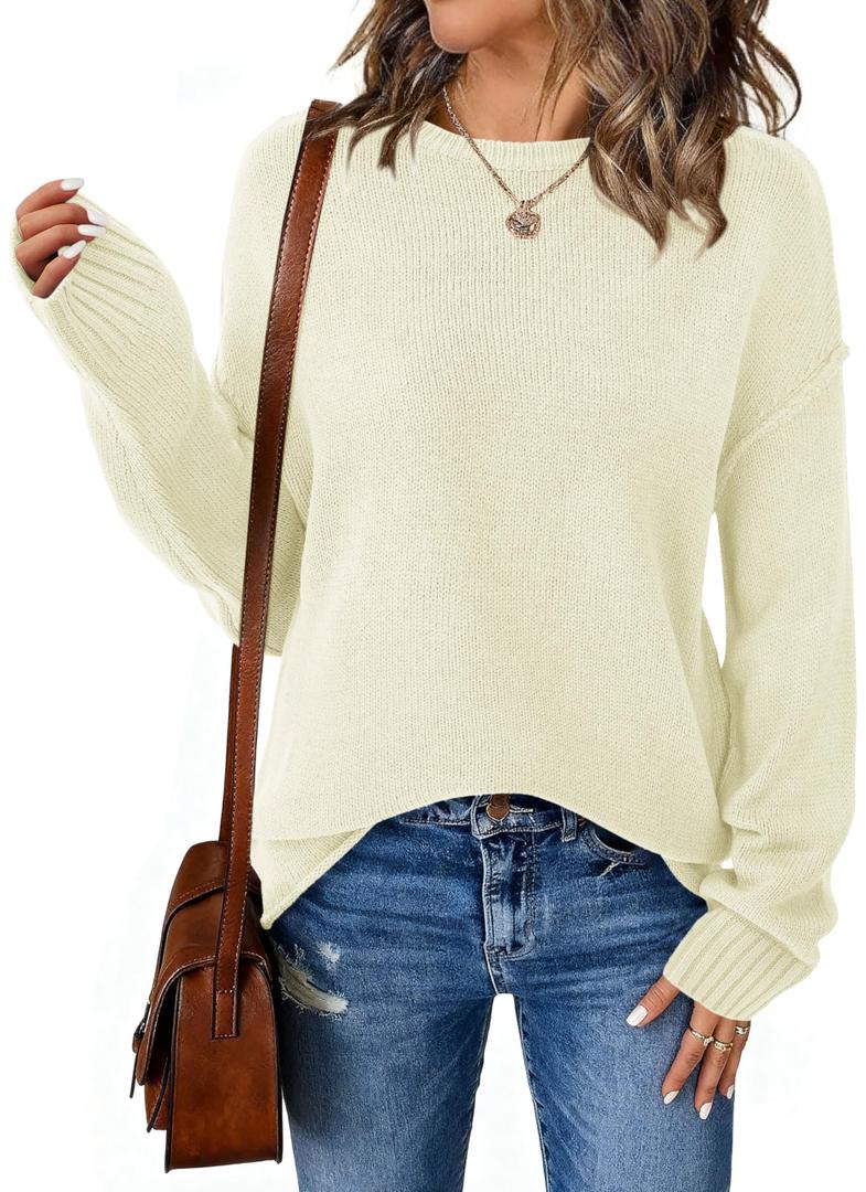 NALANISA Oversized Sweaters for Women Fall Fashion 2025 Casual Long Sleeve Crewneck Knit Cozy Lightweight Pullover Sweater Jumper Tops (White,S) (Beige, S)