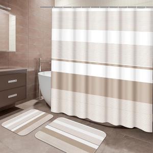 ArtSocket Beige Striped Bathroom Set with Shower Curtain and Bath Rugs and Accessories,Boho Modern Non-Slip Shower Curtain Set,Bathroom Decor 3 Pcs