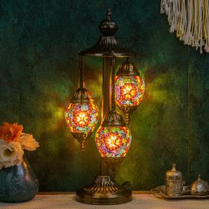 Marrakech Moroccan Mosaic Lamps Turkish Table Lamps, Handmade 3 Globes Turkish Light with Glass Shard and Bronze Base Including 3 LED Bulbs for Living Room Bedroom Decor (Coloful)