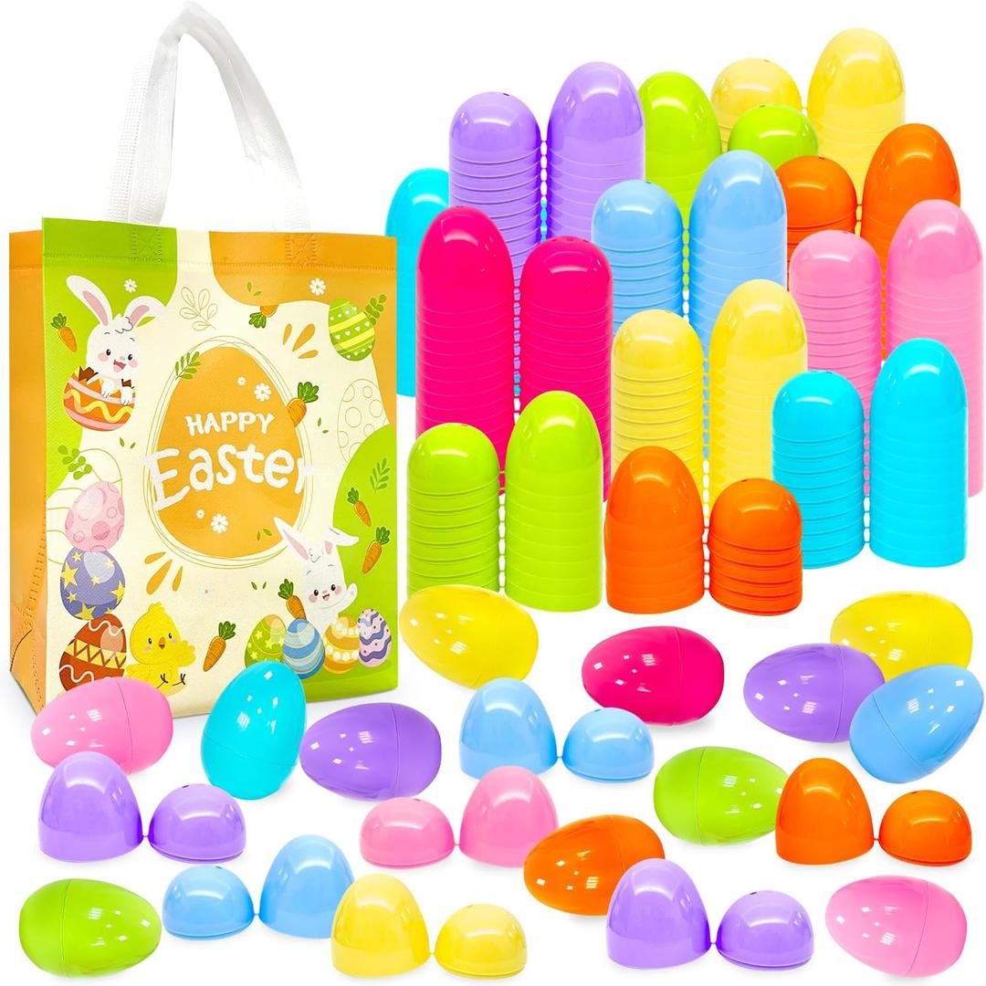 Aviski 48Pcs 3.15inch Colorful Easter Plastic Eggs for Kids Egg Hunt Basket Bag Empty Stuffers Fillers with 1pc Cute Non Woven Bags, Toys Filling Treats and Easter Theme Party Supplies Favor