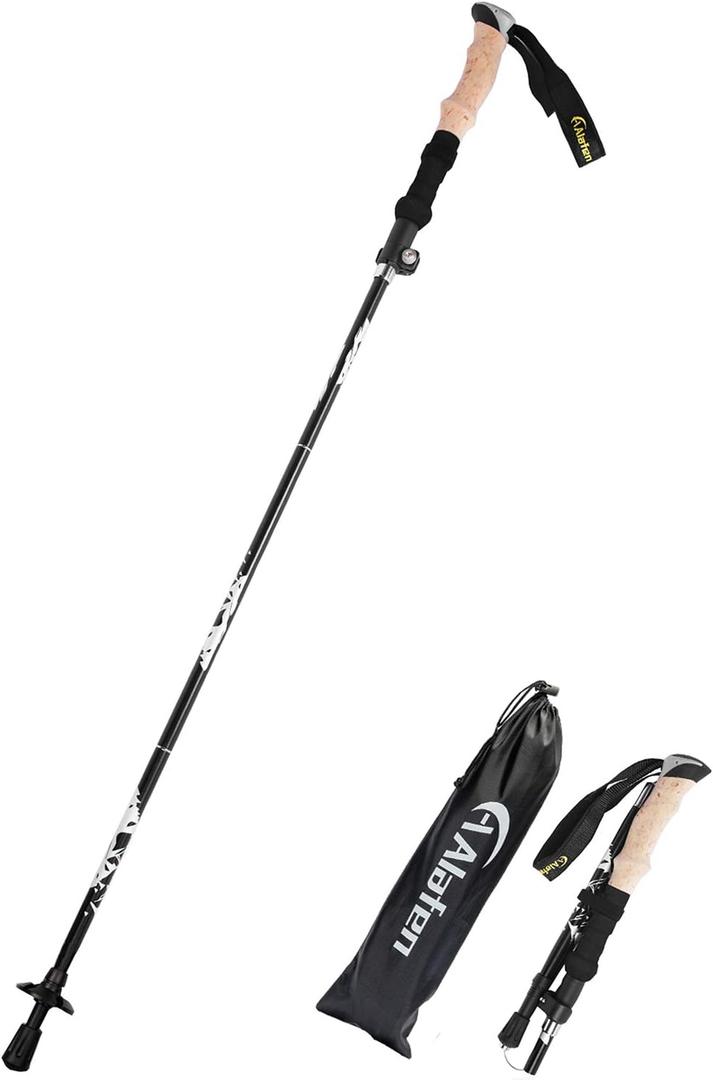 A ALAFEN Lightweight Collapsible Trekking Pole - 7075 Aluminum Adjustable Walking Stick for Hiking & Travel, Foldable Quick-Lock Design, Single Pole for Adults & Seniors, Fits 5'1" - 6'2", Black