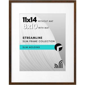 Americanflat 11x14 Picture Frame with Shatter-Resistant Glass - Use as 8x10 Frame with Mat or Display 11x14 Photo Without Mat - Streamline Collection - Thin Border Picture Frames for Wall - Walnut