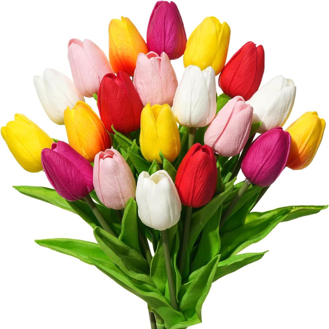 Real Touch Artificial Tulips, 20pcs Fake Tulip Flower Stem, PU Faux Tulip 13.5 for Mother's Day Easter Valentine's Gift, Home Decor, Wedding, Table Centerpiece, Floral Arrangement, Multicolor