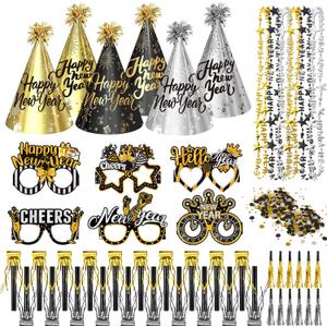 2026 New Years Eve Party Hats Kit - Happy New Years Paper Hats Eve Party Supplies for Adults Celebration Decoration (Black Gold Silver Hat + Glasses)
