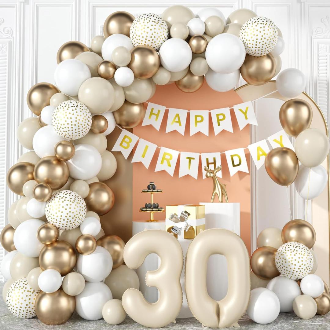 30th Birthday Decorations for Women Her White Sand Beige Gold Balloons Garland Arch Kit Cream Number Foil Balloon Happy Birthday Banner Boho Nude Metallic Champagne Gold Party Decor for 30 Years Old