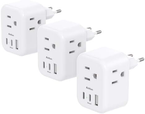 3 Pack European Travel Plug Adapter, Addtam US to Europe Plug Adapter with 3 Outlets 3 USB Charger (2 USB C Port), Type C Power Adaptor to Italy Spain France Portugal Iceland