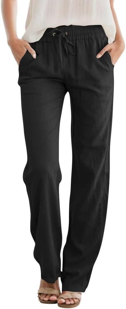 SEMARO Womens Casual High Waisted Linen Pants Wide Leg Lounge Palazzo Trousers Beach Outfits with Pockets (Black, L)