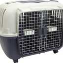 SportPet Airline Compliant 2-Door Large 34.5" Travel Dog Kennel - Durable Plastic Pet Carrier w/Divider, Wheels, & Bowls, Collapsible Indoor/Outdoor Dog Kennel, Dogs up to 28" L & 20" H - Cream/Gray