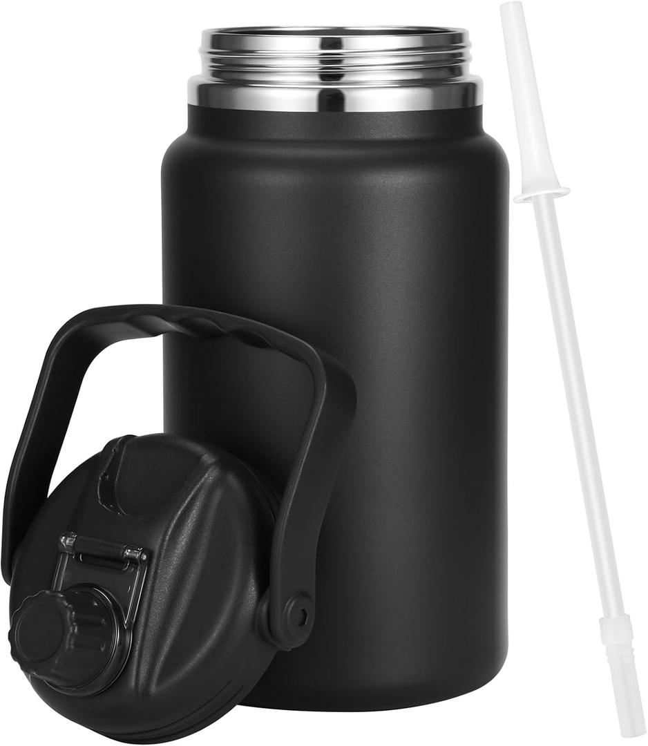 1 Gallon Thermosflask with Straw, 135oz Stainless Steel Insulated Water Bottle4L Oversized Double Wall Vacuum Jug with Handle for Hot Cold Drinks, Wide mouth Icebuckets for Hiking Sports(Black)