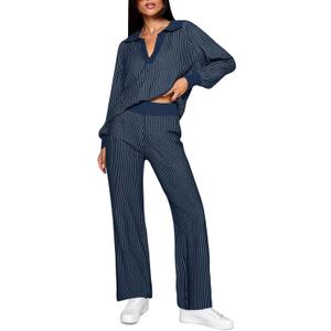 Fisoew Womens 2 Piece Outfits Striped Lounge Sets Knit V Neck Sweaters Casual Wide Leg Pants Loose Fall Clothes (Small)