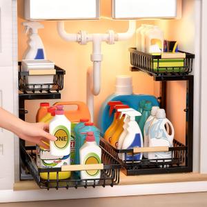 Under Sink Organizer, Heavy-Duty & Rust-Resistant Carbon Steel Metal, 2 Tier Pull Out Under Bathroom Sink Storage, Adjustable Height (13.8" -16.9"), Organizer for Kitchen Cabinet(2PCS,Black)