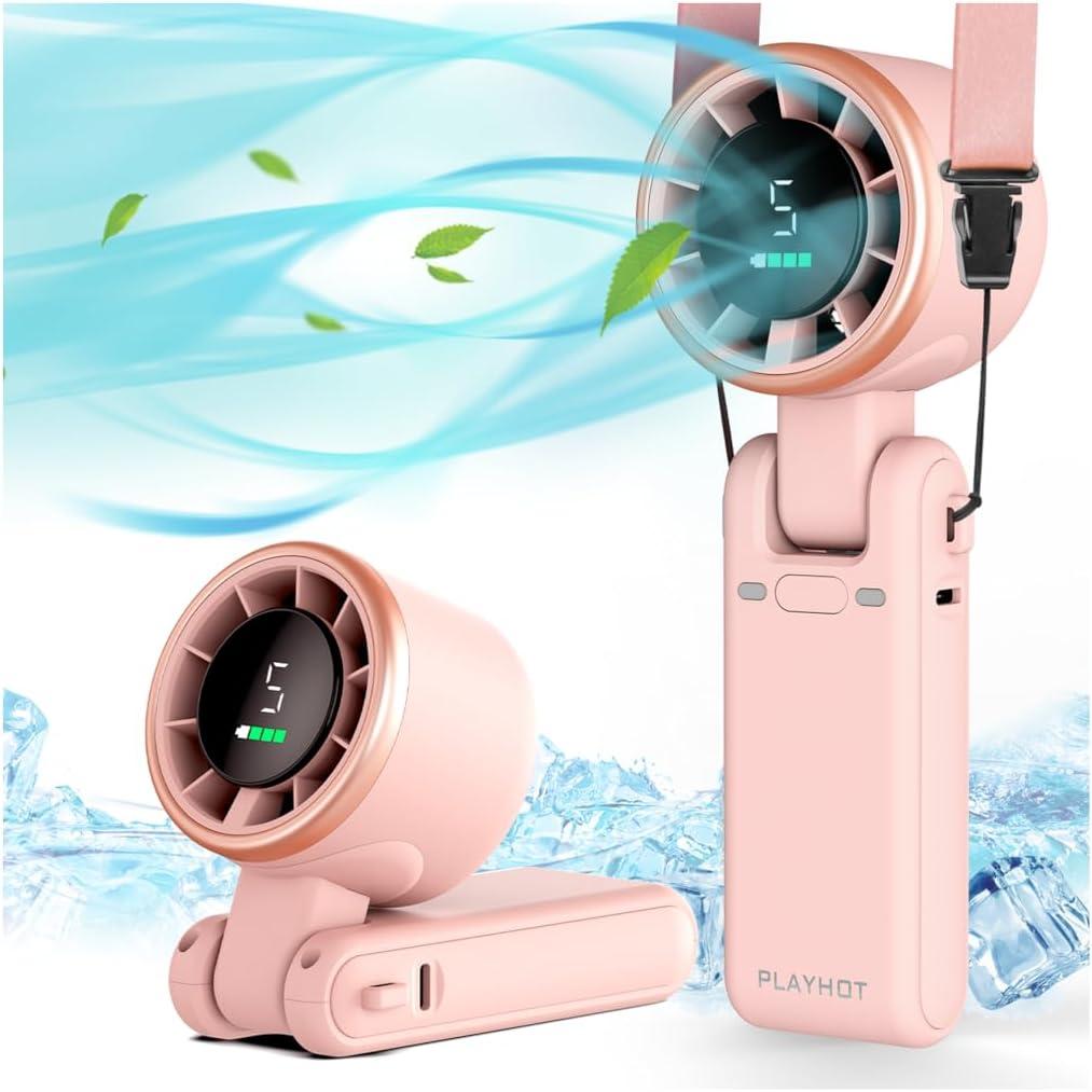 PlayHot Portable Handheld Turbo Fan, 5-Speed Personal Fans, 5000mAh Rechargeable Fans Up to 12 Hours, Weight only 0.6lb Small Fan, Hand/Neck/Desk Fan 3 IN 1, Beach Vacation Essentials(Pink)