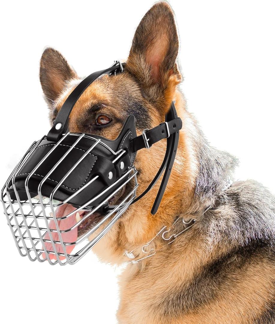 German Shepherd Muzzle for Medium Large Dog, Metal Basket Muzzle for Dogs with Adjustable Leather Straps, Steel Basket Wire Cage Muzzles for Large Dogs Biting Chewing Barking