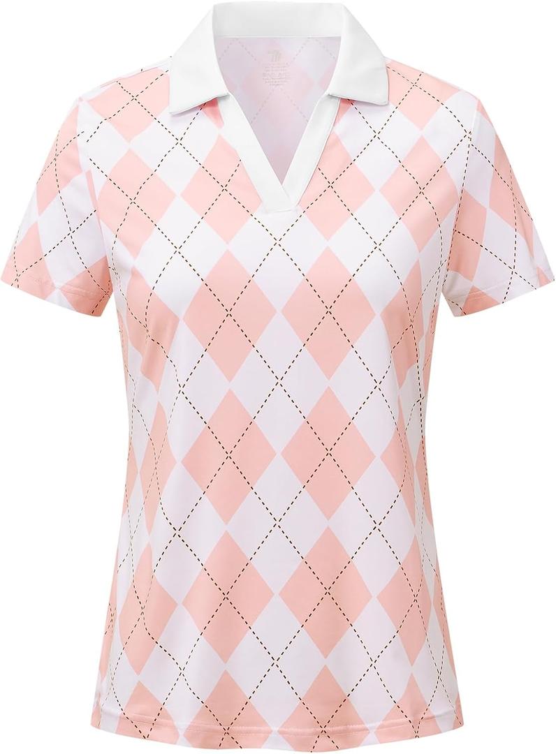 BGOWATU Women's Short Sleeve Golf Tennis Polo Shirts V Neck Collared Workout Tops UV Protection Dry Fit (L)