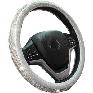 New Diamond Leather Steering Wheel Cover with Bling Bling Crystal Rhinestones, Universal Fit 15 Inch Car Wheel Protector for Women Girls Silver