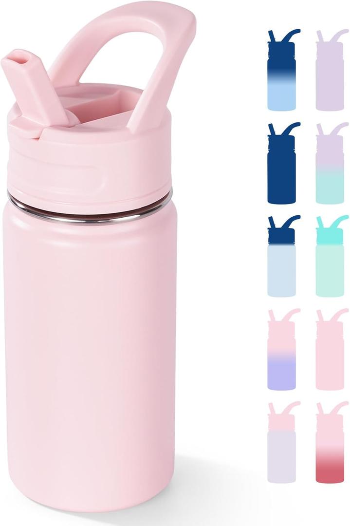 Fijinhom 12oz Kids Water Bottle for School, Toddler Bottles with Straws, Stainless Steel Vacuum Insulated Water Bottle for Boys&Girls, Leak-Proof, BPA-Free, Pink