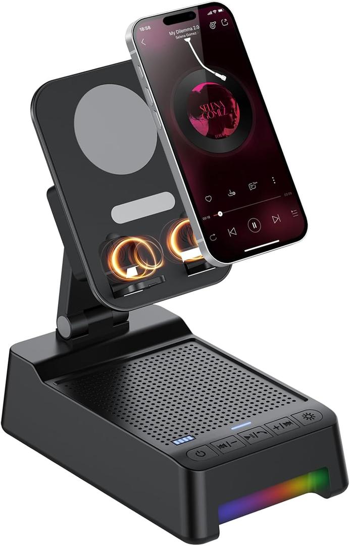 Wireless Induction Speaker 5-in-1 Bluetooth Speaker with Phone Stand, Father's Day Present, Stereo Sound 8 RGB Ambient Light, 360° Rotation Adjustable Desktop Stand for iOS Android