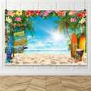 Hawaiian Summer Beach Photo Backdrop Blue Sky Sunshine Tropical Flowers Photoshoot Backdrop Surfboard Party Background for Luau Party Aloha Birthday Wedding Ocean Party Decor 8x6ft