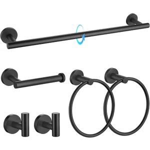 TQKAG Matte Black Bathroom Hardware Set 6-Piece Bathroom Accessory Set 23.6 Inch Round Stainless Steel Towel Bar Set Wall Mounted